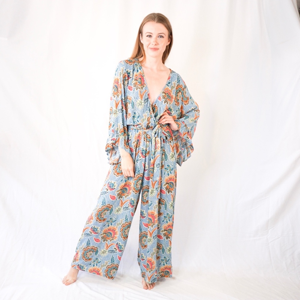NOSTALGIA Floral Print Blue Boho Jumpsuit